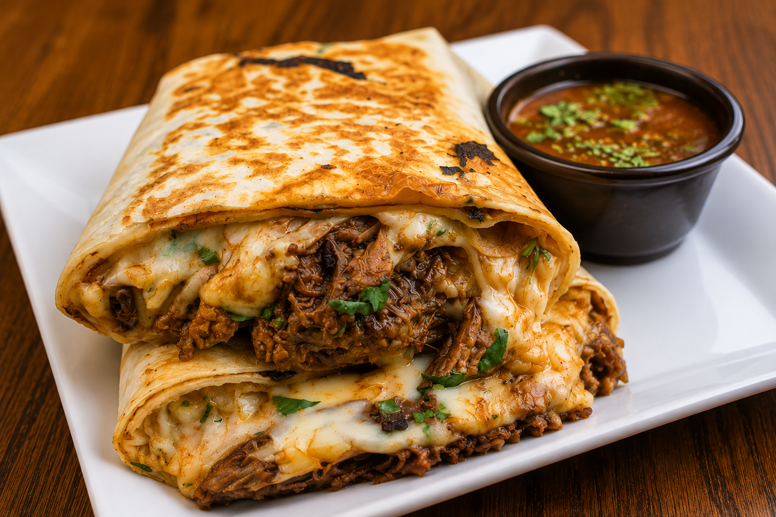 Grilled quesadilla stuffed with shredded beef and cheese with salsa